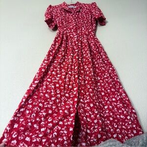 Vintage 90s Karin Stevens Red Floral Button Front Midi Dress Cottagecore Size 6